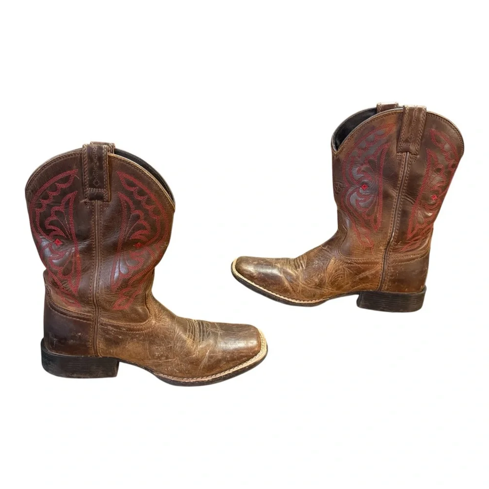 Ariat Quickdraw Leather Western Cowboy Boots Distressed Brown/Red Kids Size 3